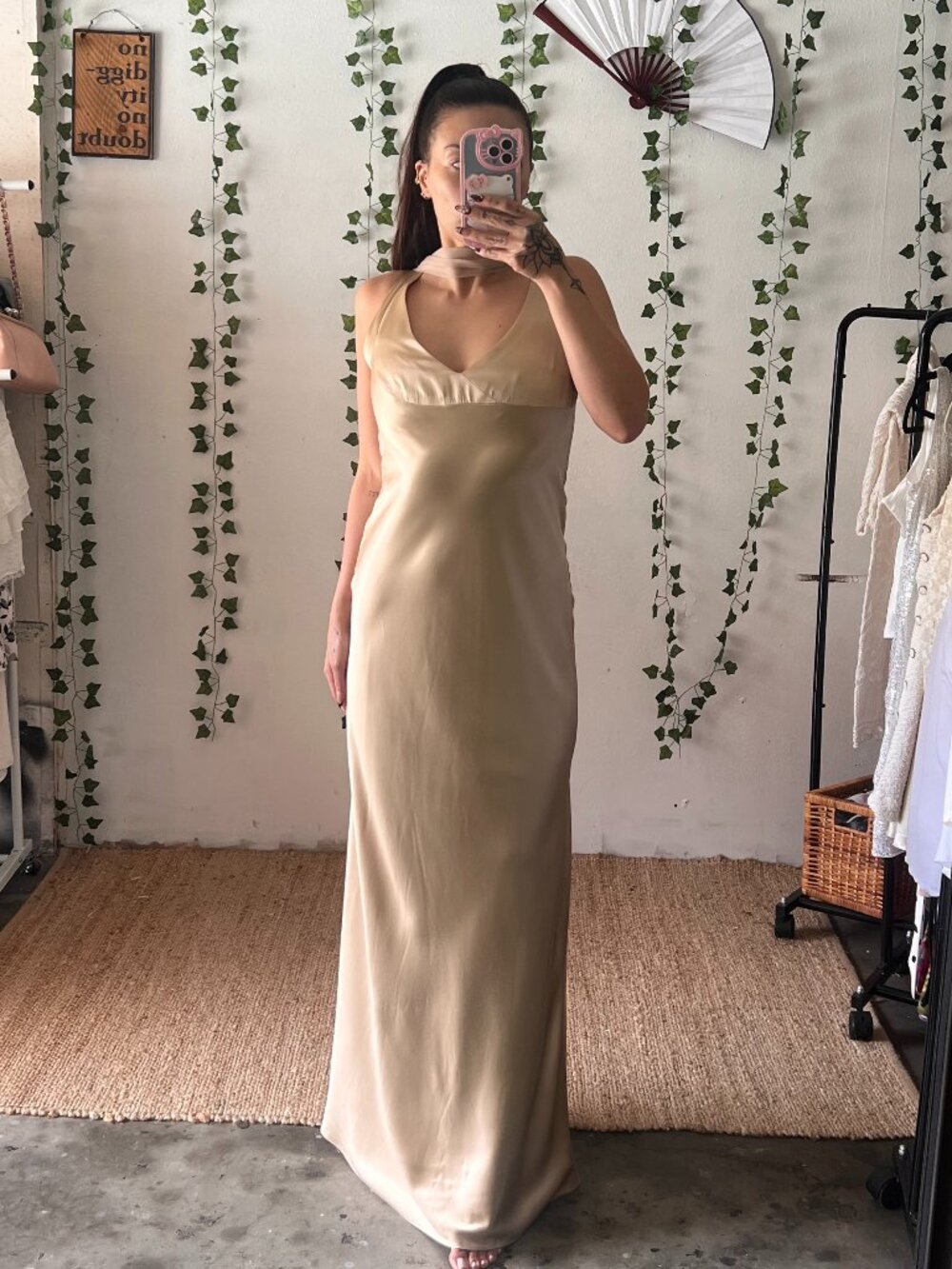 Vintage 2000s ABS by Allen Schwartz satin evening gown with chiffon scarf